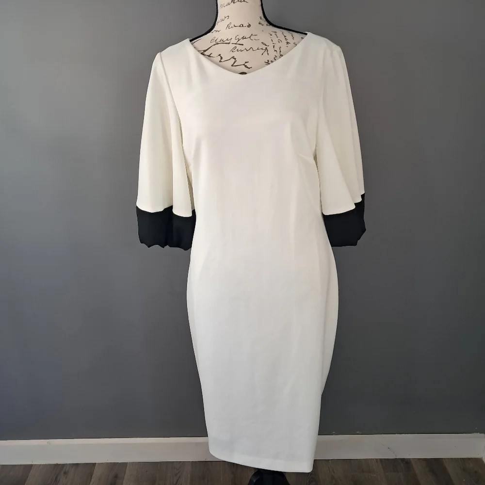Calvin Klein Women's Sheath Dress White And Black 1/2 Sleeve Size 10 NWT - Picture 2 of 11